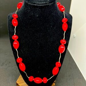 Donna Dressler Cherry Red Statement Station Necklace Sterling Silver 19” - 22.5”